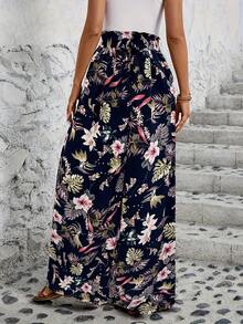 Women's Wide Leg Trousers With Elastic Waist And Print - Black Print - View 2
