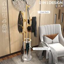 Coat Rack, Freestanding Coat Rack With 13 Hooks, Modern Umbrella Stand Made Of Metal And Bamboo, Natural And White - 杏色 - 查看 3