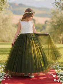 Tween Girl White Lace Patchwork Contrast Color Mesh Sleeveless Dress, Flower Girl Wedding Party Formal Gown - Dark Green - View 5