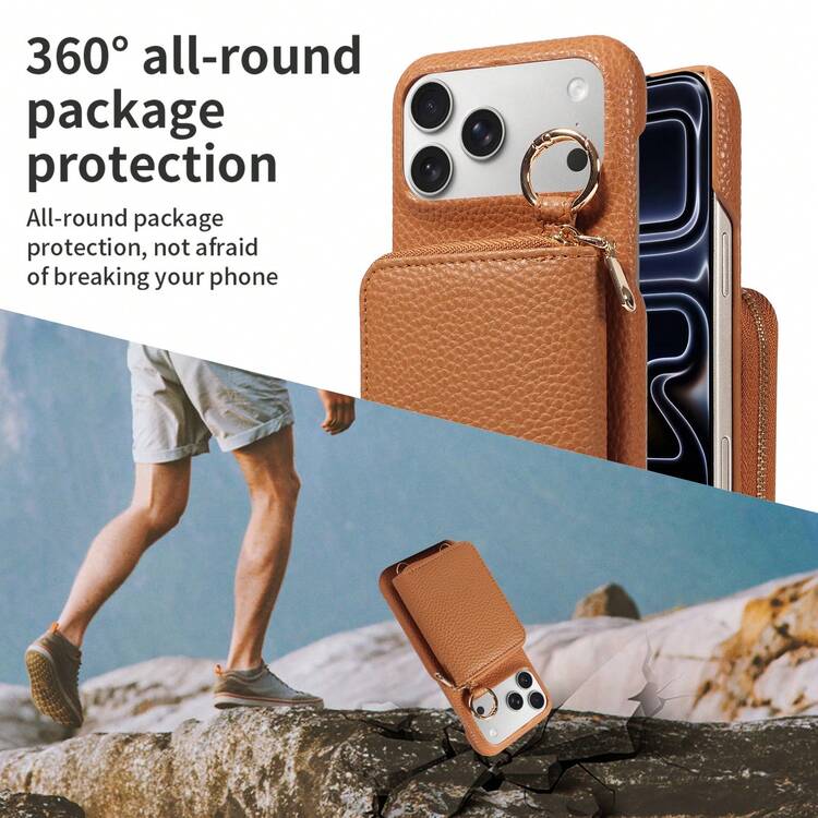 eaacaa 1個 適用於 Apple 17promax/17pro/17/17e/Air/16pro Max/16/15/14/13/12/11 荔枝紋理多功能多卡槽拉鍊風琴卡夾錢包 PU 手機殼，防摔防盜保護套 適用於 A16 系列 - 棕色 - 查看 3