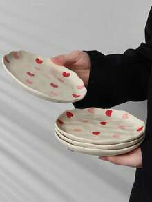 1pc/2pcs/4pcs Hand-Painted Red & Pink Heart-Shaped Ceramic Plate, Asymmetrical Wavy Edge Porcelain Dinnerware 6 Inch, Suitable For Salad, Dessert And Main Course, Cute Style Kitchen Tableware - Multicolor - View 3