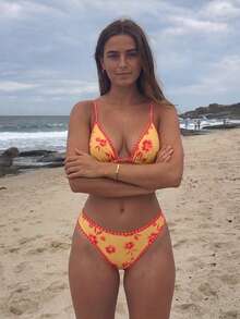 Women's Yellow Red Floral Bikini Contrast Stitch Trim Halter Triangle Top High Cut Bottom Beach Swimwear - Multicolor - View 2