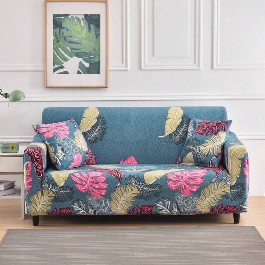 1 pieza Funda de sofá de cobertura completa estampada (incluye 1 funda de almohada), Protector de sofá de estilo moderno, Adecuado para decoración de sofá de sala de estar y oficina - Azul - Ver 1