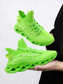 Men's Green Knit Sock Sneakers, Breathable Patterned Athletic Shoes With Non-Slip Wave Sole For Running, Hiking & Daily Wear - Fluorescent Green - View 4
