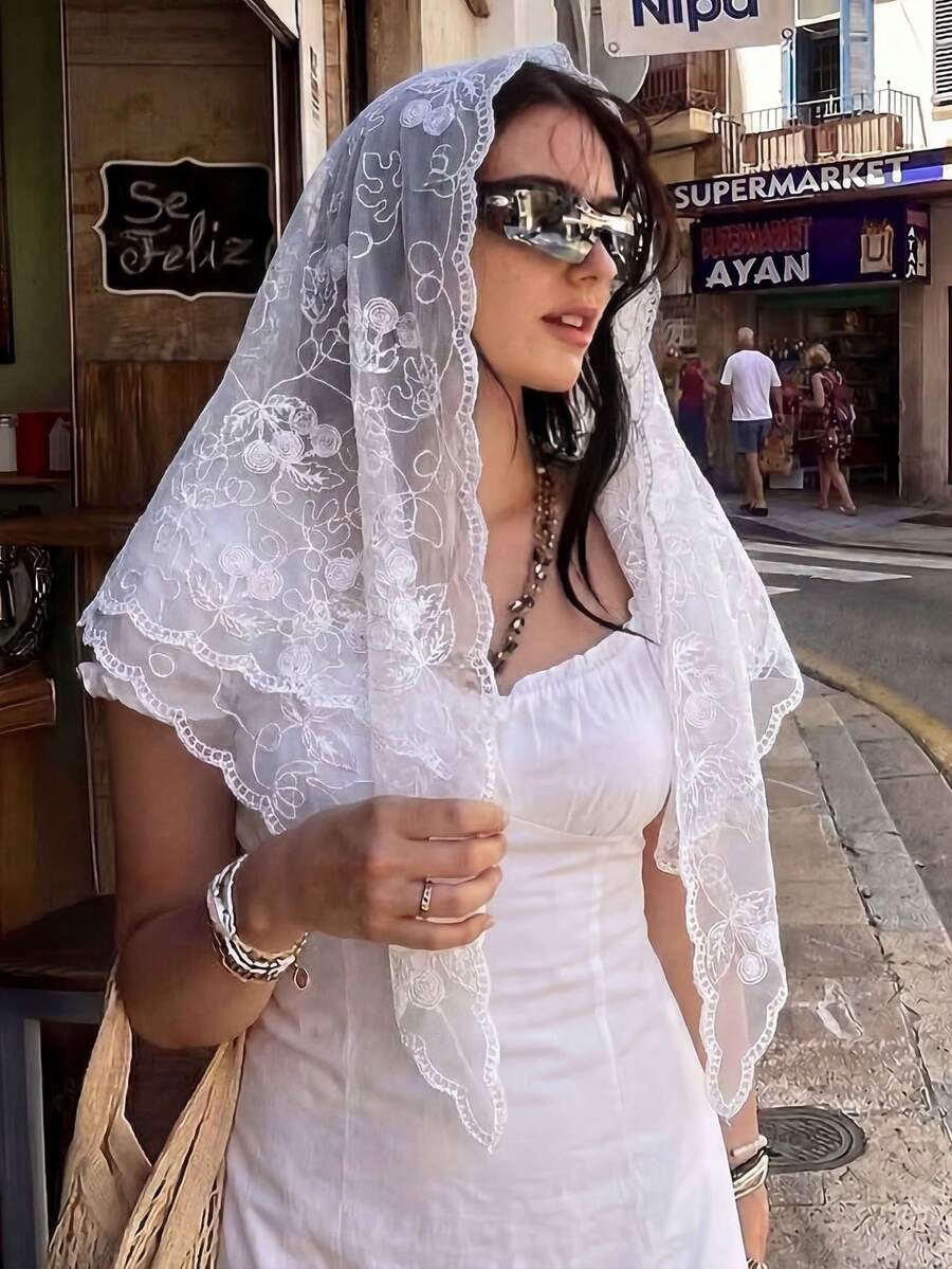 1件装女士优雅白色樱花蕾丝镂空头巾,奢华波西米亚风头巾/披肩,适合日常佩戴、婚礼、教堂礼拜、正式场合 - 白色櫻桃 - 查看 1