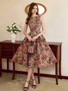 xheVintamour Vestido de mujer elegante y clásico vintage, vestido ajustado de jacquard para primavera/verano, vestido de escote barco, vestido floral rosa sobre base albaricoque, vestido rosa, vestido de vuelo de longitud mediaxhe - Rosa vieja - Ver 6
