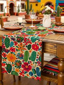 Tropical Flower Cactus Pattern Table Runner, Mexican Style, Modern Home Kitchen Decor, Table Runner Placemat Pillowcase Set, Suitable For Daily Home Kitchen Decoration, Daily Party Decoration. - Multicolor - View 3
