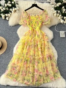 Vestido retro floral de gasa para mujer, con cintura ajustada, manga abullonada, falda de malla, estilo suave y cado para... - Amarillo - Ver 2