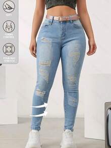Jeans ajustados elásticos con roturas estilo casual juvenil - azul claro - Ver 1