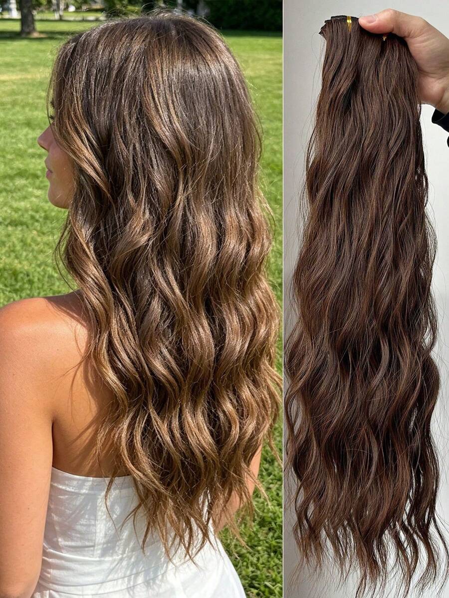 22 Inch 7pcs Wavy Clip-In Hair Extensions, Light Brown, Synthetic Hair Extensions Suitable For Women And Girls Daily Use