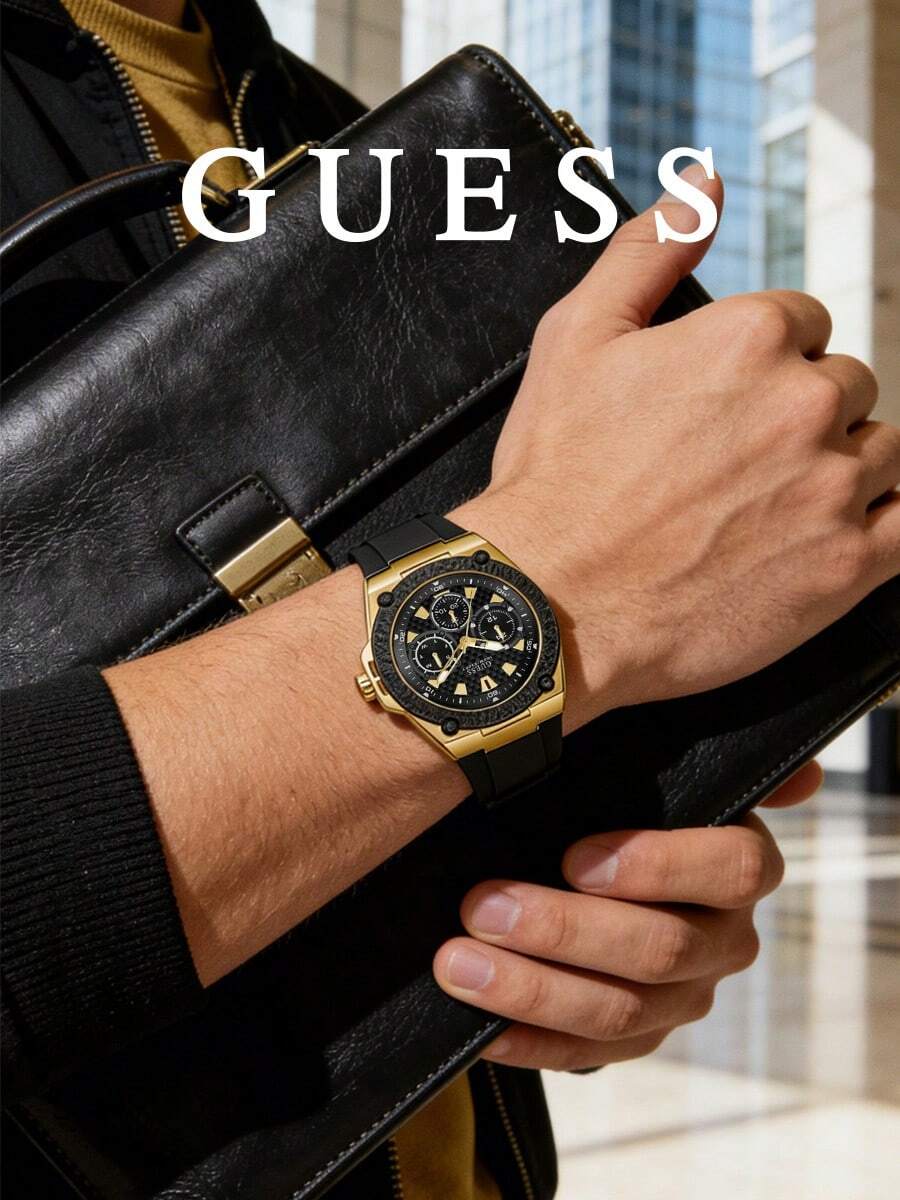 Guess 男士計時碼錶,金色調,黑色矽膠錶帶,碳纖維圖案,多功能,奢華時尚商務休閒週末旅行夜店派對,送給男朋友、丈夫、兄弟的理想禮物,生日、週年紀念 - 黑色 - 查看 1