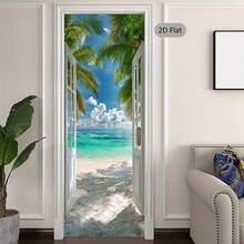 1/2pcs Tropical Style Door Sticker, Beach Scenery Door Decal, Ocean Paradise Door Decor, Fashionable Door Art, Retro Door Wallpaper, Modern Home Decor Door Sticker, 2D Flat - A - View 2
