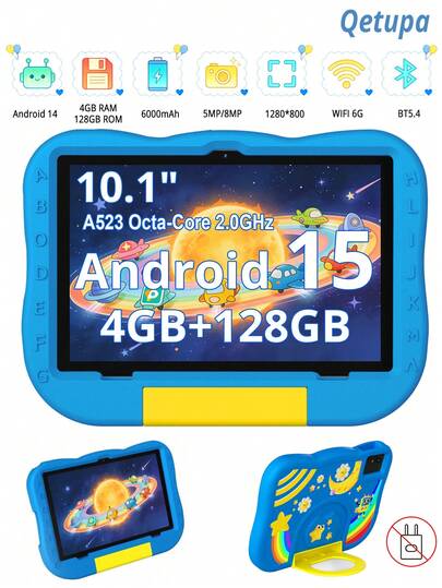 Qetupa Tableta para niños de 10.1 pulgadas Android 14, tableta educativa para niños con funda protectora a prueba de golpes, procesador Octa-Core A523 de 2.0GHz, 4GB de RAM + 128GB de almacenamiento (ampliable a 1TB), pantalla táctil IPS HD de 1280*800, cámaras duales de 5MP+8MP, batería de 6000mAh. Compatible con WiFi de 2.4G+5G, Bluetooth 5.4 y 802.11ac, sin ranura para tarjeta SIM - Control parental, educación y juegos, ideal para regalos de Navidad, Halloween y cumpleaños