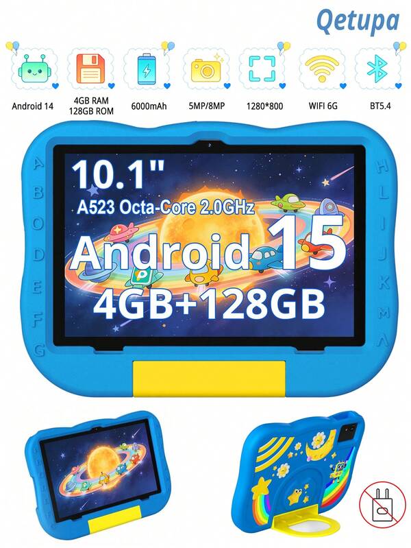 Qetupa 10.1インチ Android 14 キッズタブレット、耐衝撃保護ケース付き、A523 オクタコア 2.0GHz プロセッサ、4GB RAM + 128GB ストレージ(最大1TBまで拡張可能)、1280*800 IPSタッチスクリーン、デュアルカメラ 5MP+8MP、6000mAh バッテリー。2.4G+5G WiFi、Bluetooth 5.4、802.11ac対応、SIMカードスロットなし - 保護者コントロール、教育、ゲーム、クリスマス、ハロウィン、誕生日プレゼントに最適