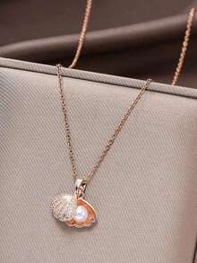 1 Piece Stainless Steel Micro-Inset Shell Faux Pearl Pendant Necklace Chain - Rose Gold - View 3