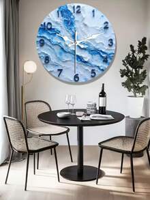 Modern Minimalist Blue Marble-Like Wall Clock - Silent Non-Ticking Wooden Clock With Bold Numerals, Battery-Powered (No Battery Included) - For Living Room, Bedroom, Office, Kitchen - Home Decor Gift For Birthday, Christmas, Housewarming - Compatible With Flat Surfaces, Room Decoration, Contemporary Design, Durable Construction, Stylish Timepiece, Interior Designers, 2D Flat - Multicolor - View 2