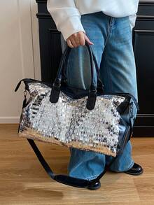 New Fashionable Travel Bag With Jacquard Pattern, Minimalist Niche Design, Stylish And Popular, Suitable For Short Trips, Fitness, With Spliced Color Blocks, Large Capacity, Versatile - Ginger - View 8