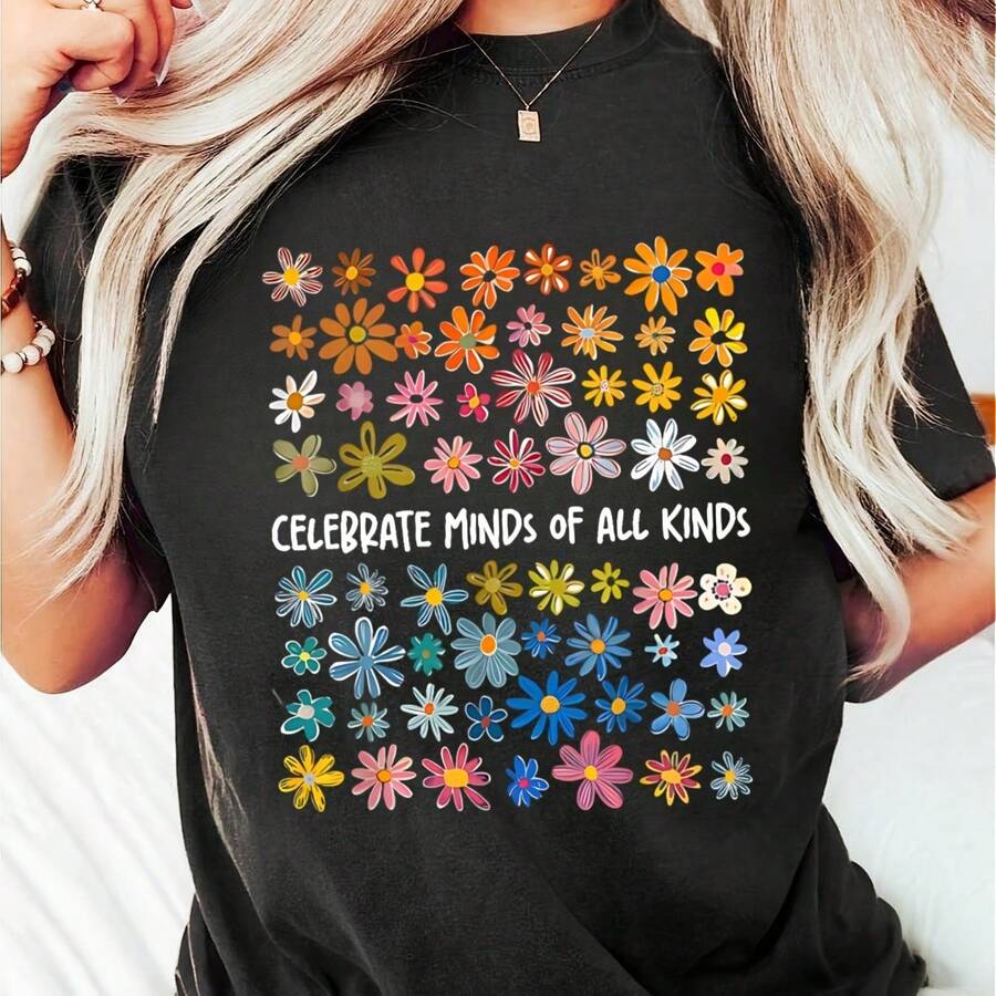 Ce Minds Of All Kinds Shir, Neurodrsithirt,  Awareness Shirt, ADHD Shirt,  Acceptance Gift For Special Education Tea Tee 220g heavyweight 100% cotton T-shirt. Butterfly print. Unisex sizing. Round neck inspirational T-shirt. Cute and beautiful Y2K-inspired summer top, perfect for the outdoors, home, work, or street wear. Casual, loose-fitting everyday T-shirt. - Negro - Ver 1