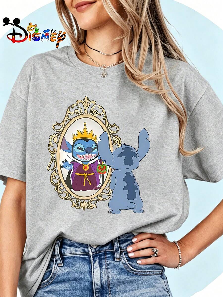 Breathable Cotton Lilo & Stitch Fan Tee | Stitch As Evil Queen Mirror Scene Halloween Print | Classic Disney Pullover Shirt - Xám - Xem 1