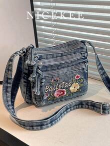 Bolso de mezclilla de estilo retro elegante y artístico para mujeres, casual y versátil, bolso de hombro de nicho, bolso de mensajero de gran capacidad para ir a la oficina, citas, compras y uso diario - Multicolor - Ver 2