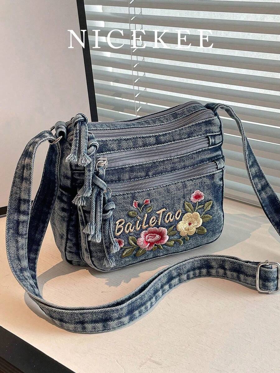 Bolso de mezclilla de estilo retro elegante y artístico para mujeres, casual y versátil, bolso de hombro de nicho, bolso de mensajero de gran capacidad para ir a la oficina, citas, compras y uso diario