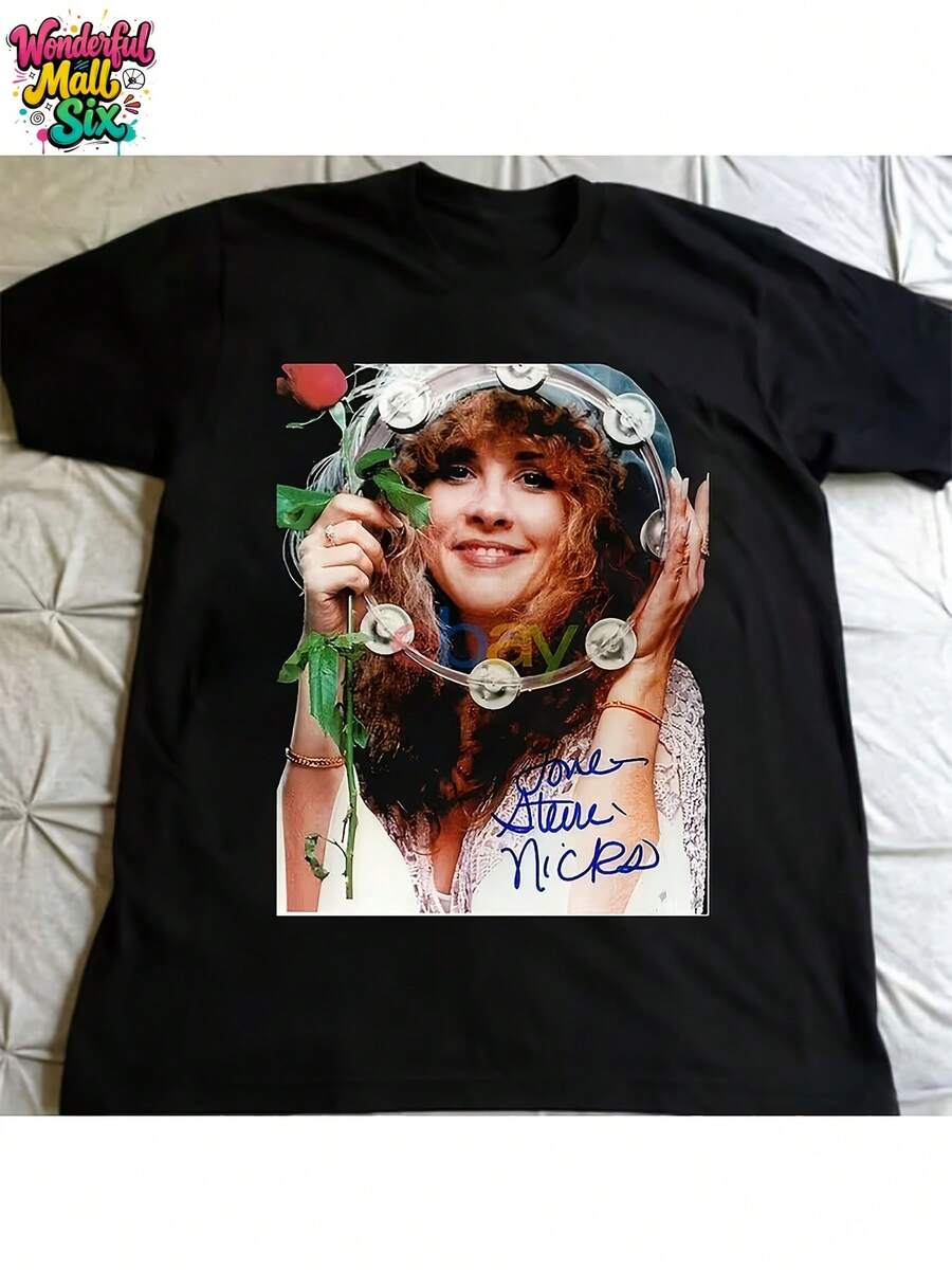 Camiseta unissex autografada por Stevie Wonder - Camiseta vintage de tecido pesado com estampa da assinatura, manga curta e gola redonda, ideal para uso casual e como presente de Natal para fãs. Perfeita para vestir e como item de colecionador. - Preto - Ver 1