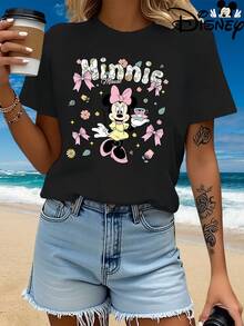 Authentic Disney Ladies Summer Dress Minnie Mouse And Flower Bow Cartoon Pattern New Short-Sleeved T-Shirt Blouse Ladies Casual Fashion Printed T-Shirt Women In Summer. - 白色 - 查看 11