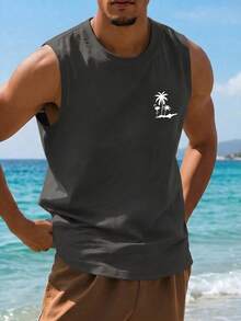 1pc Men's Casual Coconut Tree Print Round Neck Tank Top, Summer - Dark Grey - View 4