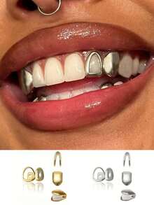 4pcs Iced Out Gap Filler Teeth Grills, 925 Sterling Silver Plated 14K Gold, Rhinestone/Colored Gemstone Teeth Caps, Hip Hop Style Unisex Personalized Jewelry - Multicolor - View 1