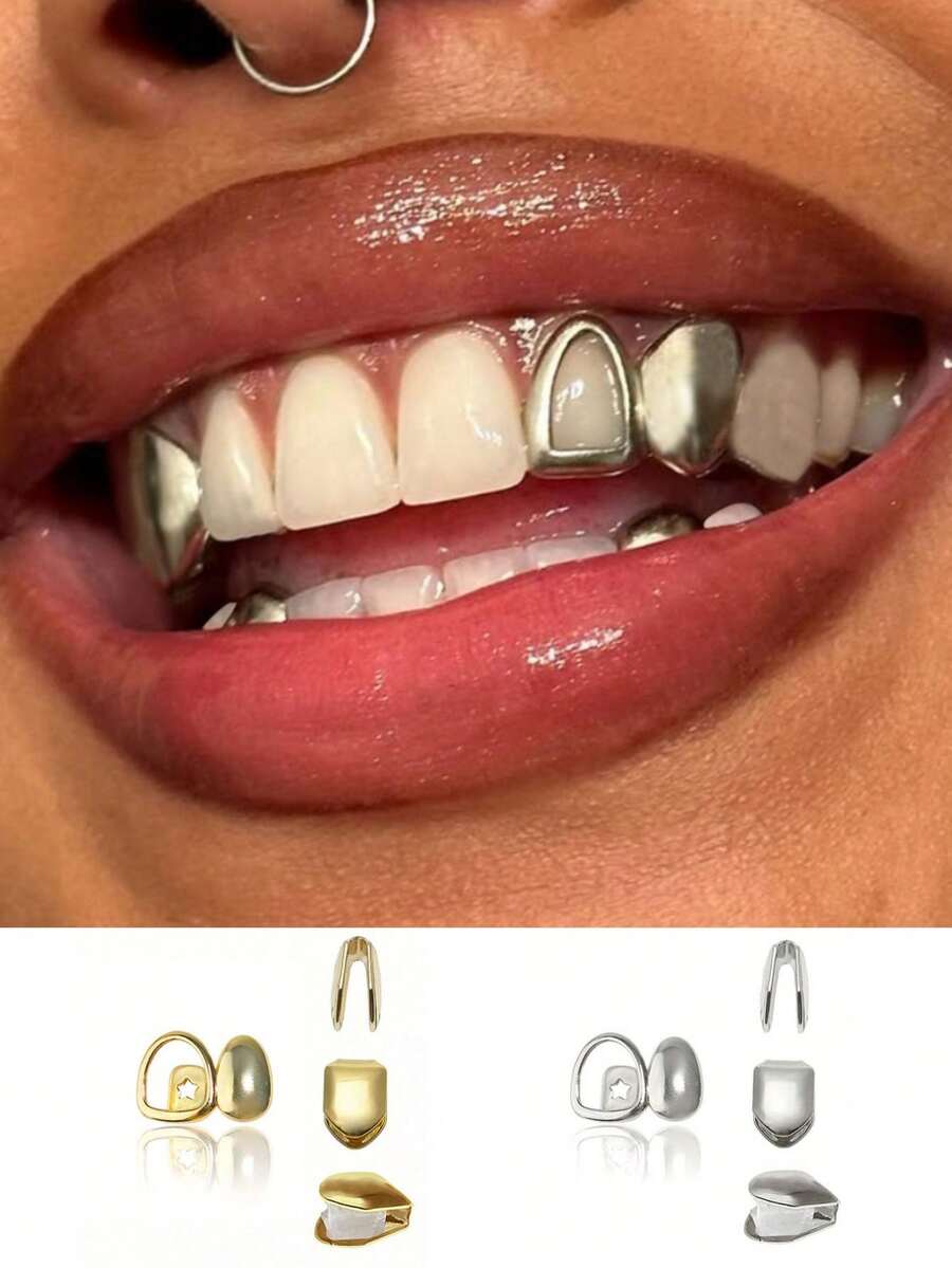 4pcs Iced Out Gap Filler Teeth Grills, 925 Sterling Silver Plated 14K Gold, Rhinestone/Colored Gemstone Teeth Caps, Hip Hop Style Unisex Personalized Jewelry - Multicolor - View 1