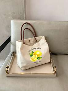 Vibrant Lemon Pattern Printed Tote Bag, Reusable Printed Women's Tote Bag, Double Handle Shopping Book Bag, Large Capacity Shoulder Bag, Casual Commute - Multicolor - View 5