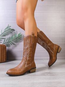 10916-001DUK New Women's Embroidered Brown Western Boots, Pointed Toe Chunky Heel Mid-Calf Boots, Outdoor Casual Fashion Boots - Brown - View 3