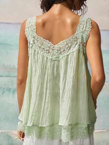 Blusa de uso diario versátil y casual con parches de encaje para mujer - verde menta - Ver 4