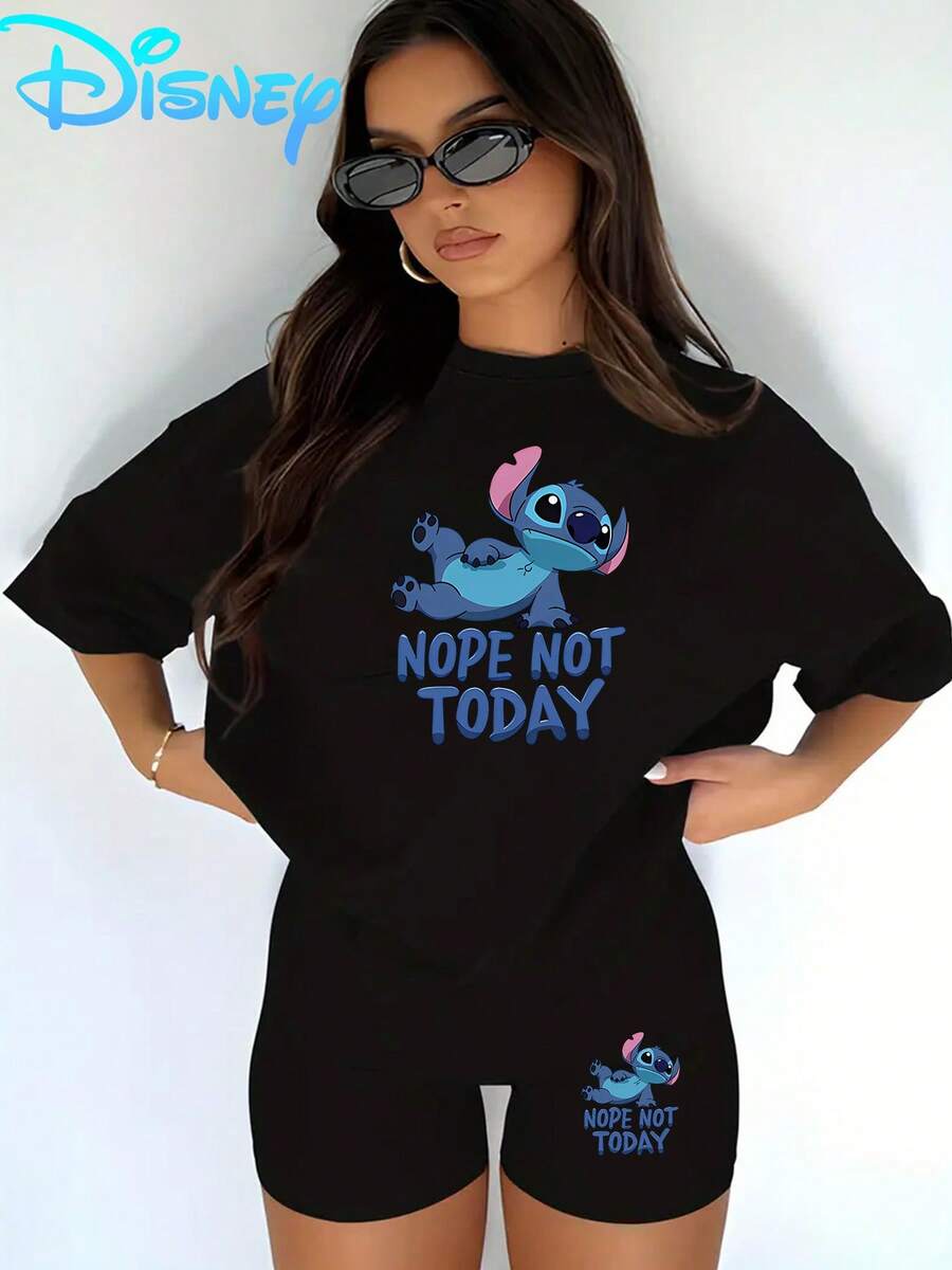 Lilo & Stitch "Nope Not Today" T-Shirt & Biker Shorts Setwomen's Casual T-Shirt And Yoga Pants Set, Perfect For Summer Travel And Relaxing At Home. Disney Licensed Stylish, Soft, And Comfortable Sportswear Set. - Black - View 1