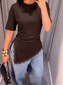 Camiseta de mujer de punto de unicolor con encaje en contraste, asimétrica/asimétrica, adecuada para el hogar, uso diario, vuelta al colegio, fiesta, casual de primavera/verano en color negro - Marrón - Ver 5