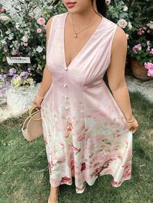 Vestido de verano romántico sin mangas con cuello en V profundo para mujer de talla - Multicolor - Ver 2