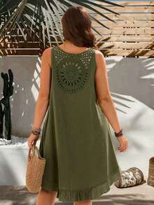 EMERY Vestido de verano casual de talla para mujer, de color verde militar sólido, sin mangas, con volantes en el bajo y parches de encaje en la espalda - Rosa Fucsia - Ver 2