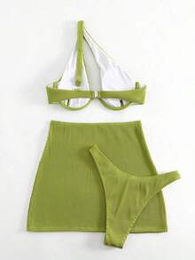 Swim Conjunto de bikini acanalado Sujetador con aros recortado y parte inferior de corte alto y falda de playa Traje de baño de 3 piezas - Verde lima - Ver 2