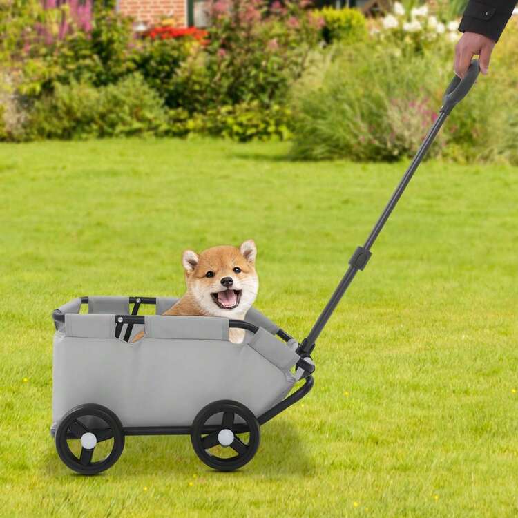 Dog & Cat Transport Cart Mini Folding Dog Stroller Pet Stroller For Travel With Extendable Pull Handle, Safety Rope & Side Pocket Pet Cart For Miniature Dogs Up To 7.5kg (Black Pink Grey) - 灰色 - 查看 5