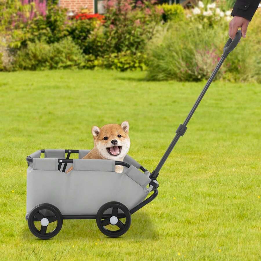 Dog & Cat Transport Cart Mini Folding Dog Stroller Pet Stroller For Travel With Extendable Pull Handle, Safety Rope & Side Pocket Pet Cart For Miniature Dogs Up To 7.5kg (Black Pink Grey) - Grey - View 1