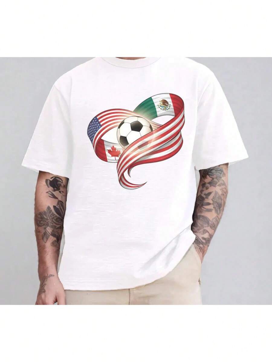Officially Licensed Crew Neck T-Shirt For The 2026 World Cup, Featuring A Graphic Of The Heart-Shaped Flags Of The USA, Mexico, And Canada. Perfect For Matchday Events, Summer Outings, And As A Gift For Fans. A Great Choice For Supporters And Enthusiasts – High Quality. - 白色 - 查看 1