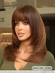 7JHH WIGS Ombre Brown Layered Bob Wig For Women 16 Inch Shoulder-Length Wig With Bangs Synthetic Heat Resistant Fiber Wigs For Daily Party Use, Mother's Day Gifts - Beginners Glueless Wig Accessories - Multicolor - View 4