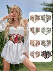 Top de espartilho feminino jacquard vintage com atacadores nas costas, modelador de cintura sob o busto, roupa para o Dia de São Patrício, fantasia de Halloween, lingerie, bralette preto, top para sair - Multicolorido - Ver 9