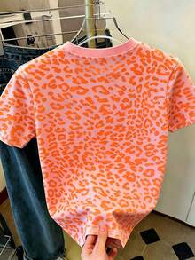Women's Neon Orange Leopard Print Summer Casual Round Neck Short Sleeve Simple T-Shirt - Multicolor - View 2