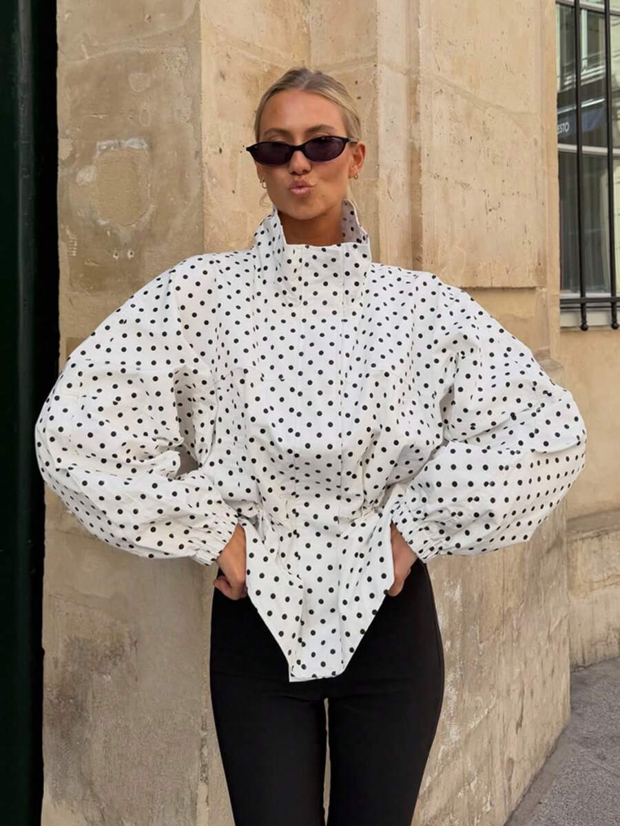 Casual Vintage Polka Dot Bomber Jackets Sashes Slim Turtleneck Women Jacket Festival Elegant Simple Holiday Outwear Streetwear Y2K Girl Jacket White - White - View 1