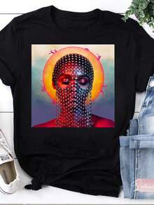 Unisex T-shirt i ren bomull, T-shirt med amerikanska såjren Janelle Monae, Janelle Monae-tröja, Sångartröja, Musikergåva, sommar-t-shirt, blus, basplagg, toppar, kreativ design, utomhuslek, cool stil, rolig design, perfekt för utomhuslek. - Svart - Visa 1
