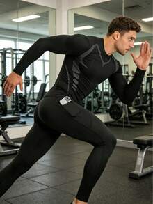 6pcs Men's Sports Compression Set - Breathable Long Sleeve Top & Pocket Long Pants, Elastic Quick-Dry Fitness Running Training Outfit - Black - View 6