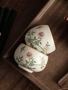 1pc/2pcs Beige Ru Yao Hundred Flower Dish Pattern Ceramic Tea Cup, Light Luxury Exquisite Elegant Style Kung Fu Tea Set, Medium Size Host Cup Single Cup, Suitable For Daily Tea Parties, Arabic Coffee, Turkish Coffee, Brewing Coffee, Entertaining Guests, Friends - Multicolor - View 4