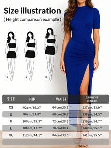 Đầm maxi ôm sát dáng ngắn tay cổ đứng màu trơn xẻ tà cao xếp ly dành cho nữ EARO mùa xuân/hè, thích hợp dự tiệc. - Màu xanh lam - Xem 6
