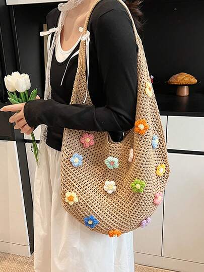 Bohemian Style Large Capacity Tote Bag, (Flower Color Position Randomly) Large Capacity Single Shoulder Flower Tote Bag, Small Fresh Handmade Crochet